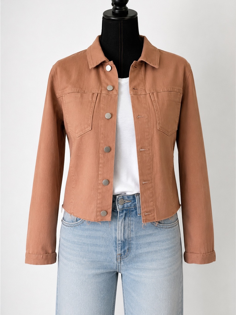 L’AGENCE Cropped Denim Stretch Jean Jacket Raw Hem  Blush Pink Designer Spring